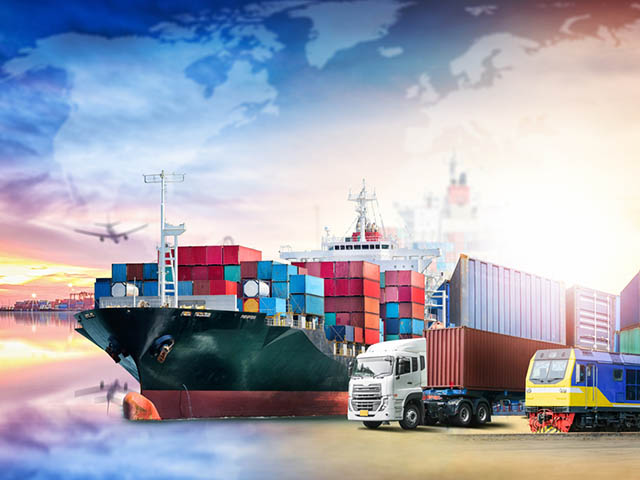 collage of logisitics images including truck train containership and plane