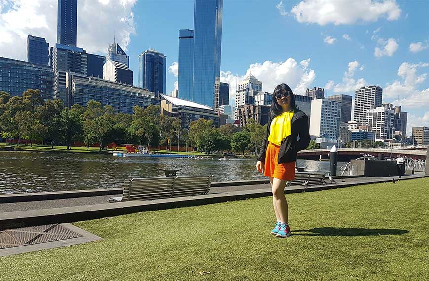 Samantha Lim taking in the sights and sunshine along the Yarra River