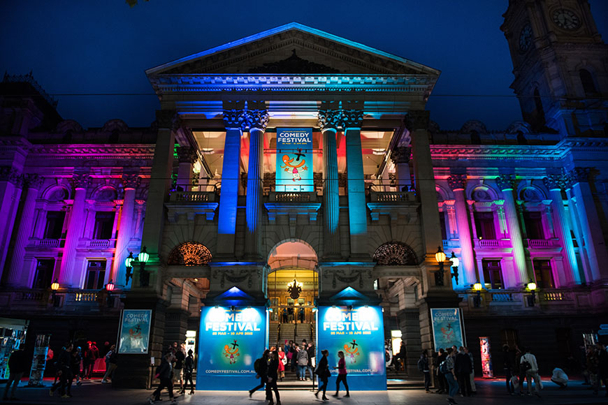 Melbourne town hall lit up for comedy festival
